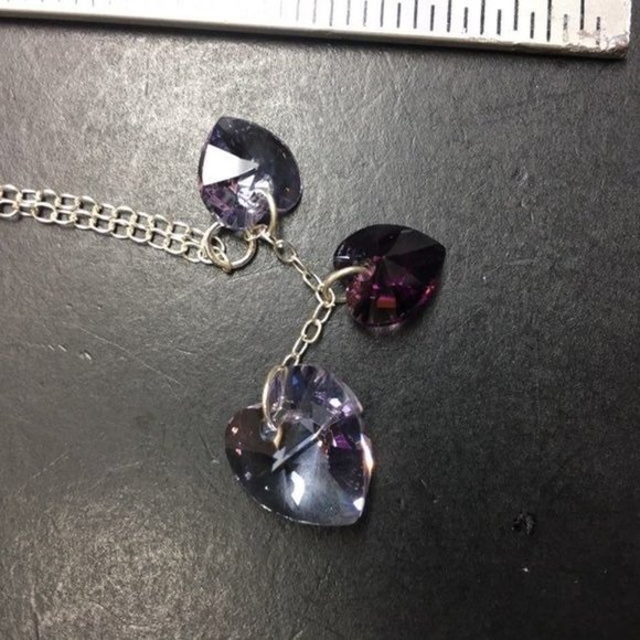 Triple Purple Heart Necklace Translucent Faceted Silver Chain Soft Girl Retro - Picture 6 of 6